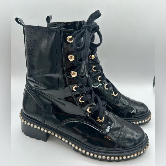 Schutz “Andorra” Black Patent Leather Laced Up Combat Boots W/ Rhinestones SZ 8 - Picture 3 of 14